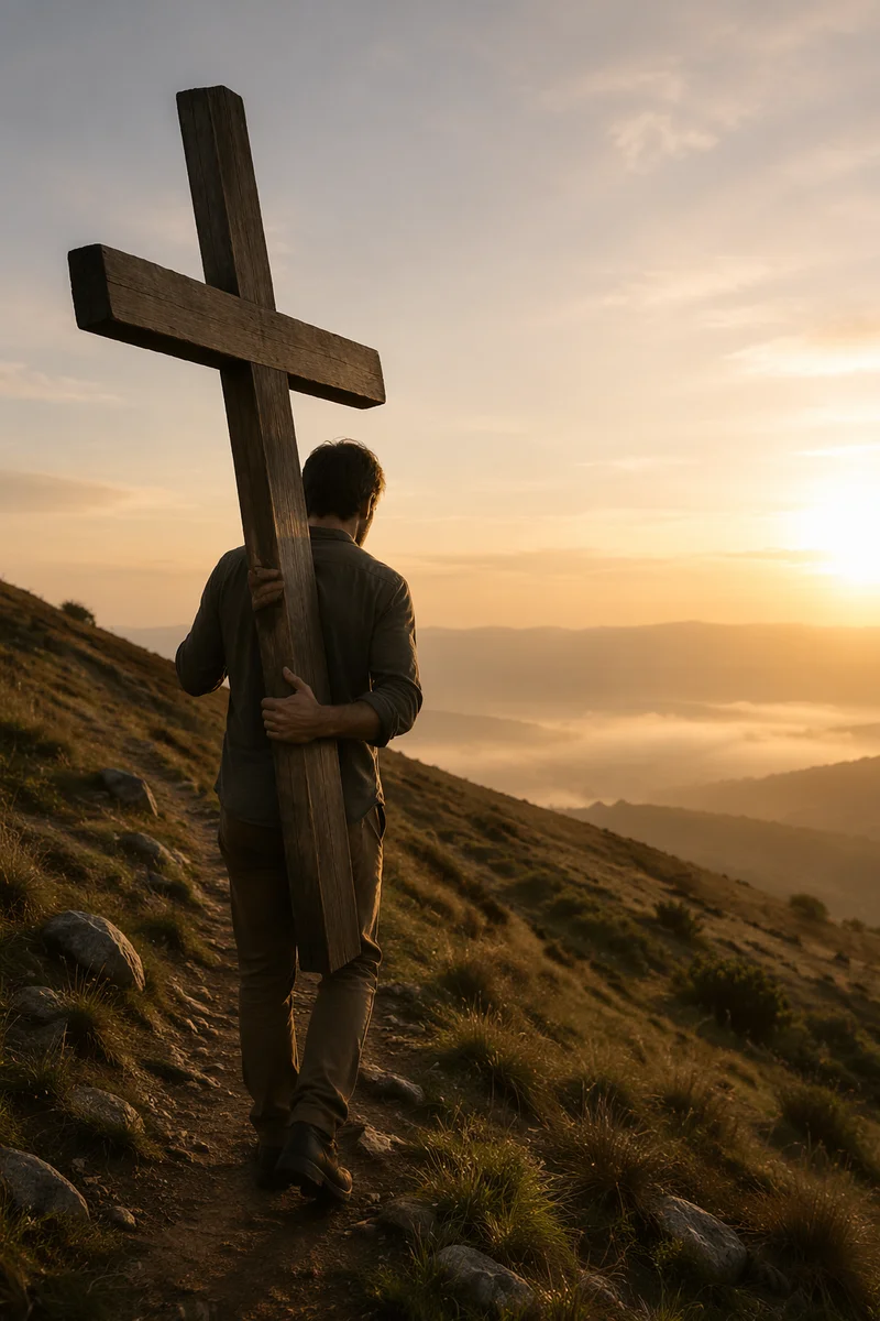Man Carrying Wooden Cross at Dawn