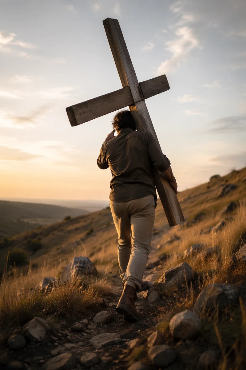 Man Carrying Wooden Cross Uphill at Dawn