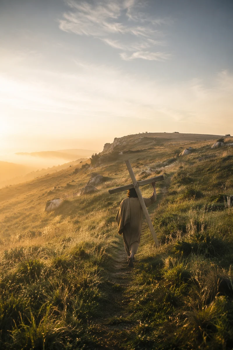 Person Carrying Cross Up Misty Hillside