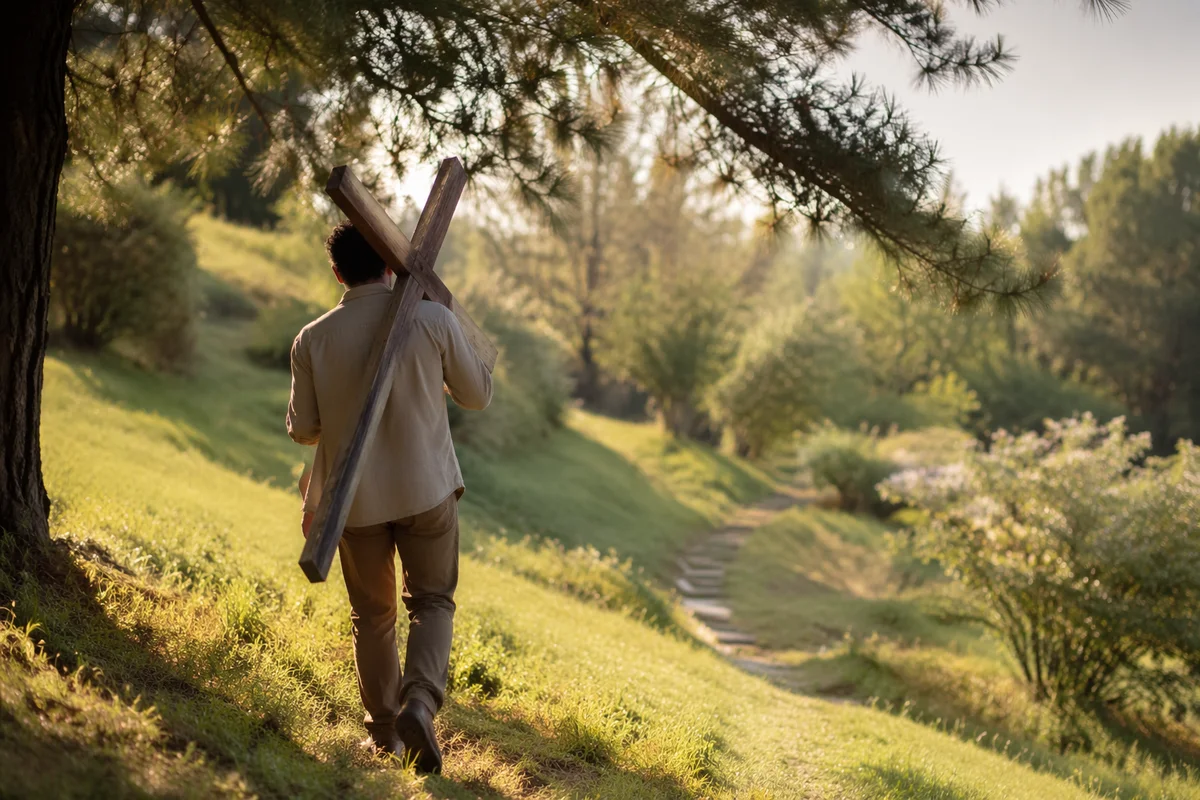 Solitary Cross Bearer on Grassy Hillside