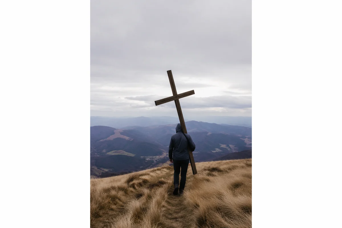 Solitary Pilgrim Carrying Cross Uphill