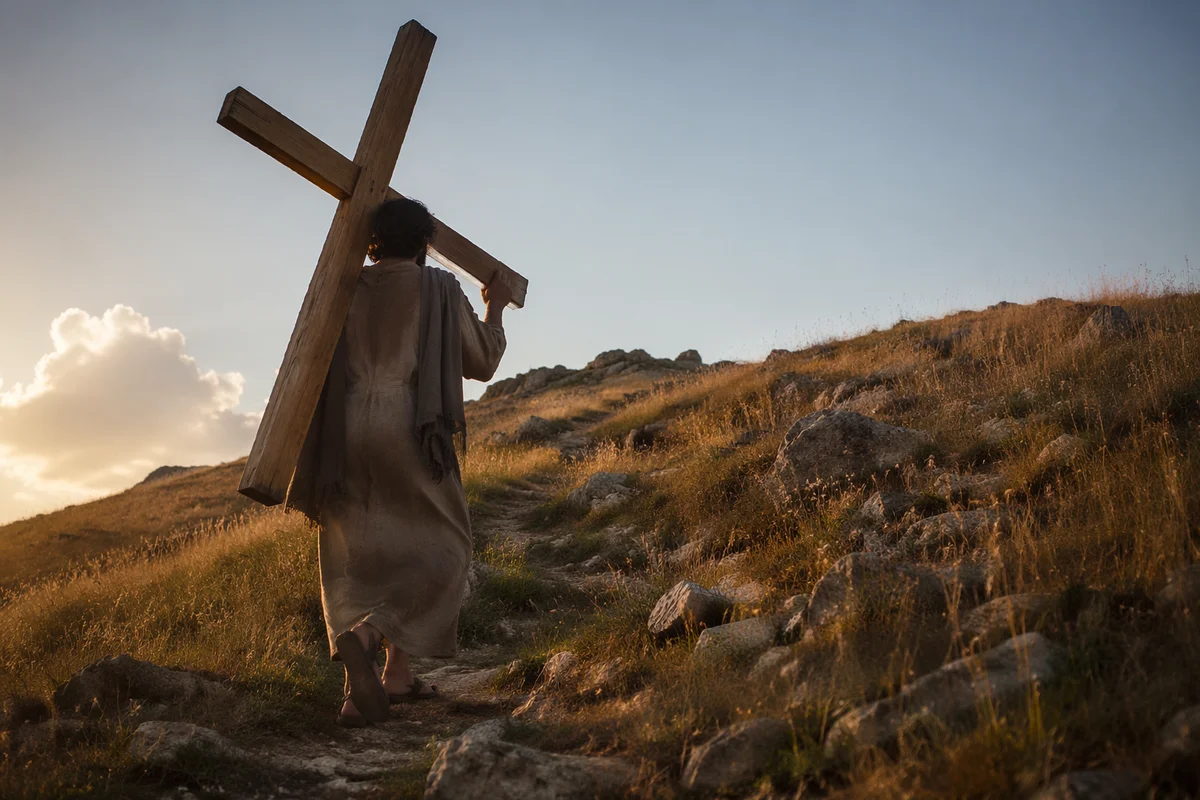 Person Carrying Cross on Sunset Hillside