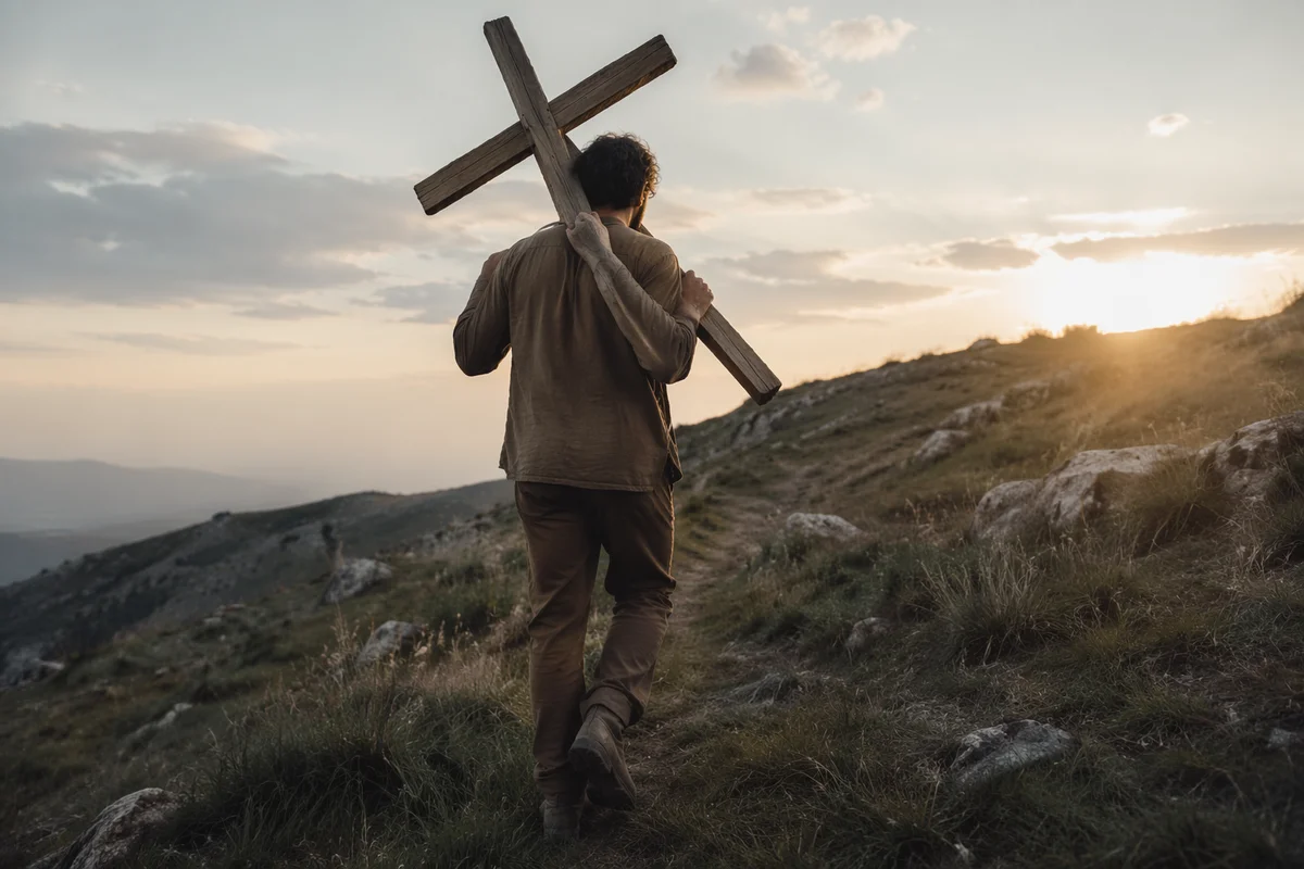 Man Carrying Wooden Cross Uphill at Dawn