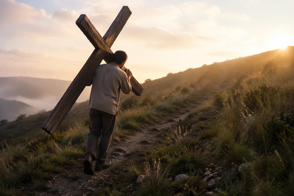 Man Carrying Wooden Cross Uphill at Dawn