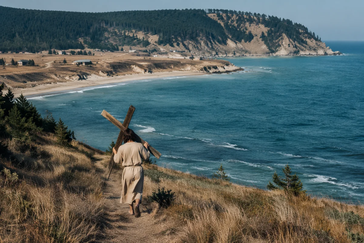 Person Carrying Cross Up Coastal Hillside