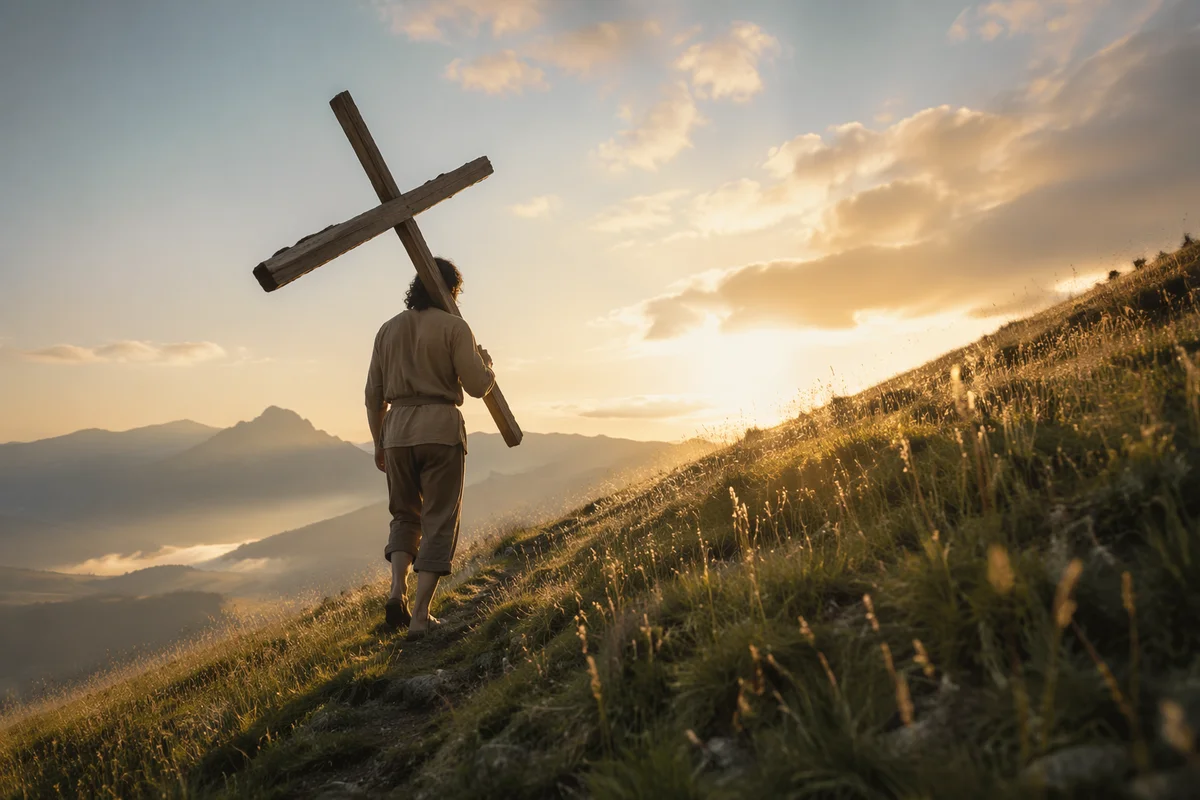 Pilgrim Carrying Cross Up Grassy Hillside