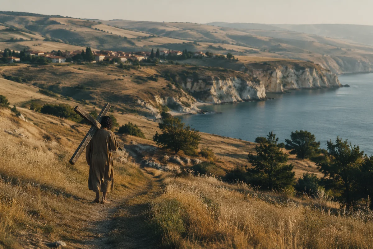 Solitary Cross Bearer on Coastal Hillside