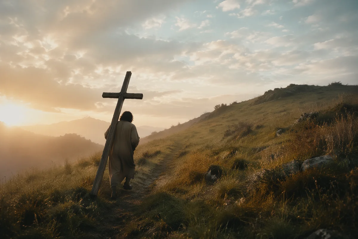 Lone Pilgrim Carrying Cross at Dawn