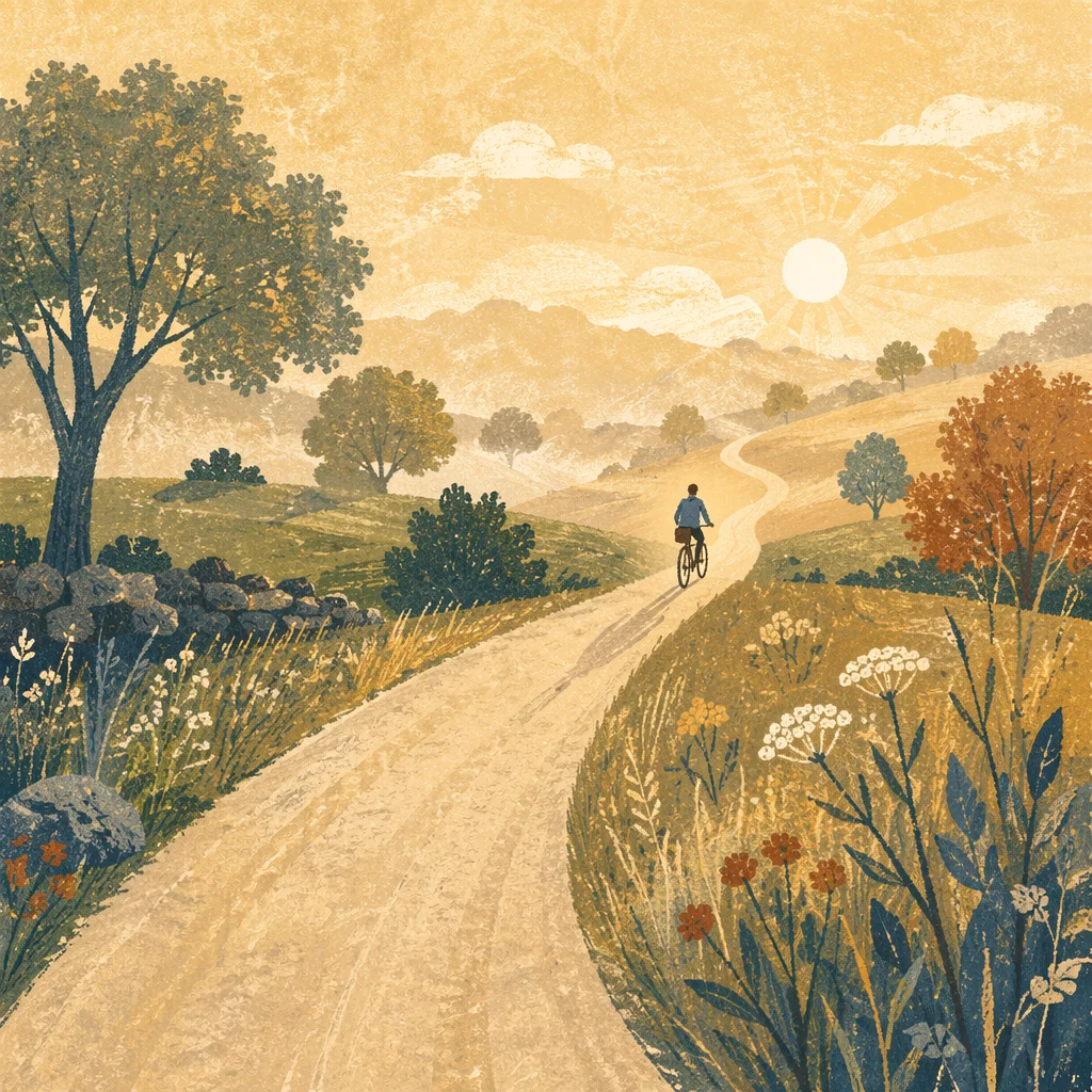 Cyclist on Misty Countryside Road