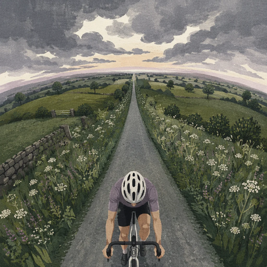 Cyclist on Stormy Countryside Road