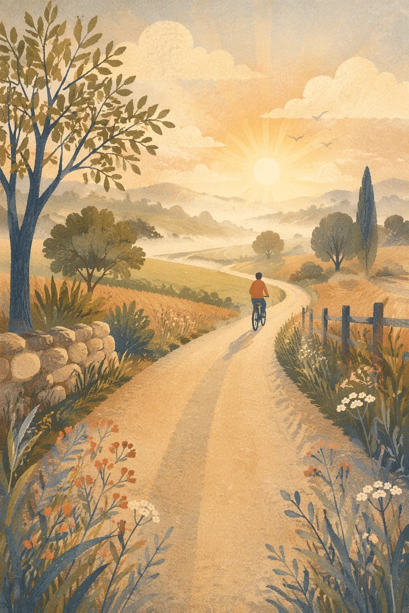 Cyclist on Misty Countryside Road at Sunrise