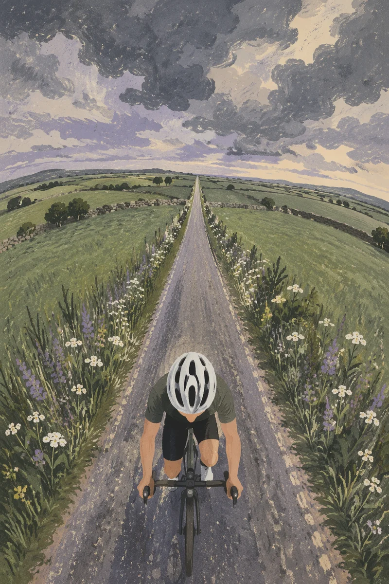 Cyclist on Stormy Countryside Road