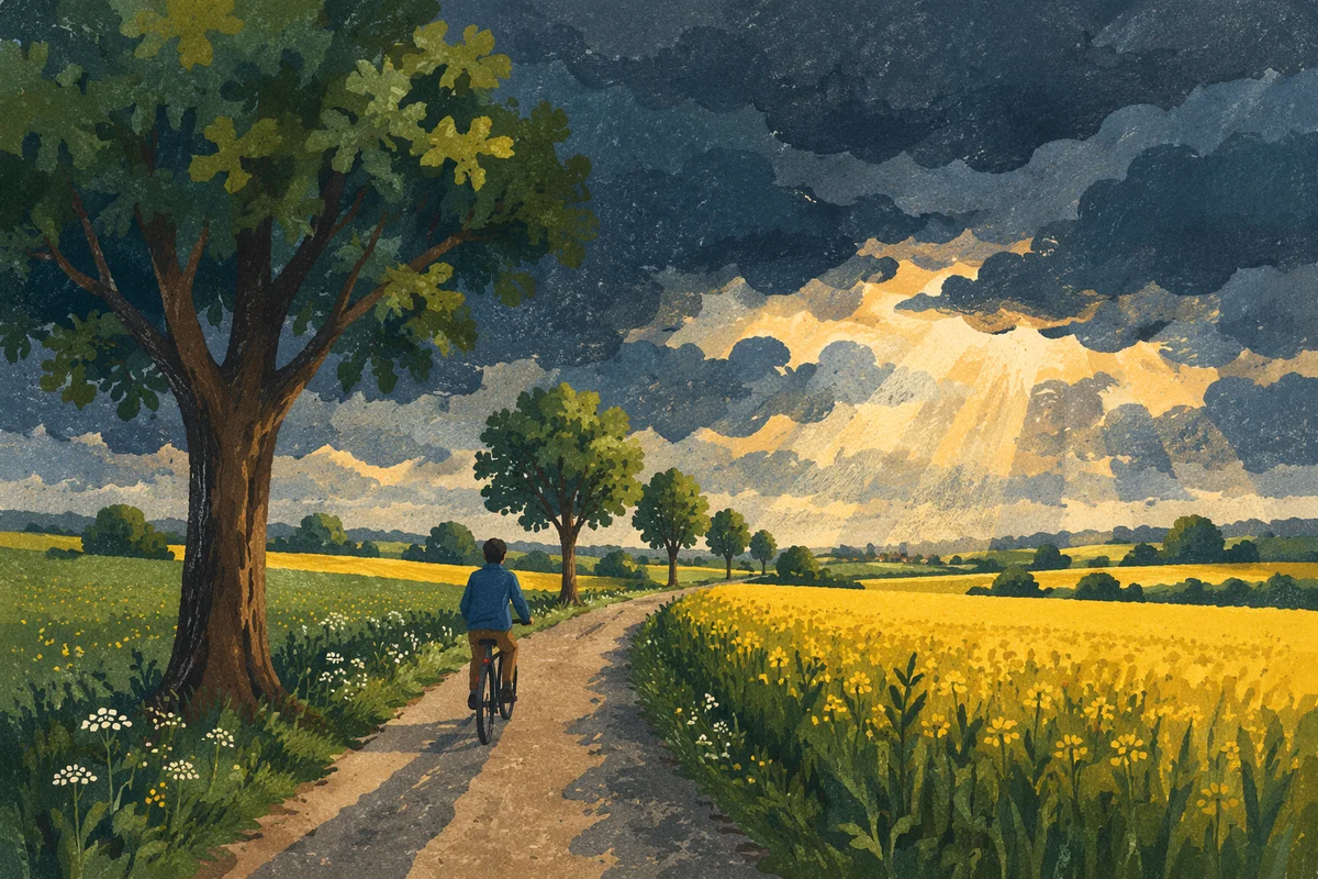 Cyclist on Rural Road Under Storm Clouds