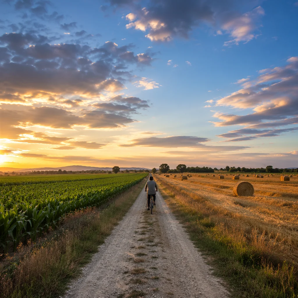 Cyclist on Rural Road at Sunset