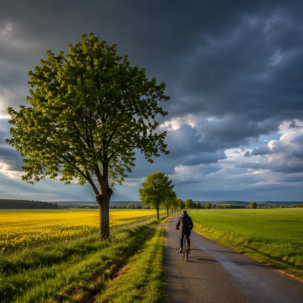 Cyclist on Rural Road Under Stormy Sky