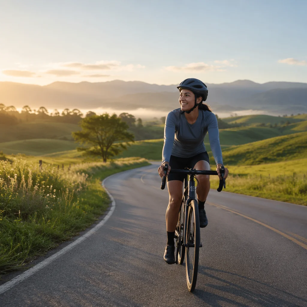 Woman Cycling Along Green Countryside Road