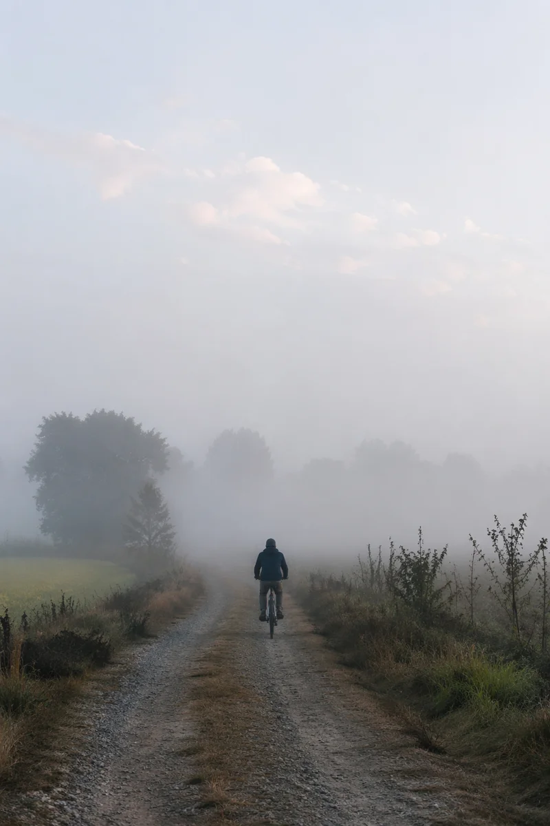 Cyclist on Misty Countryside Road