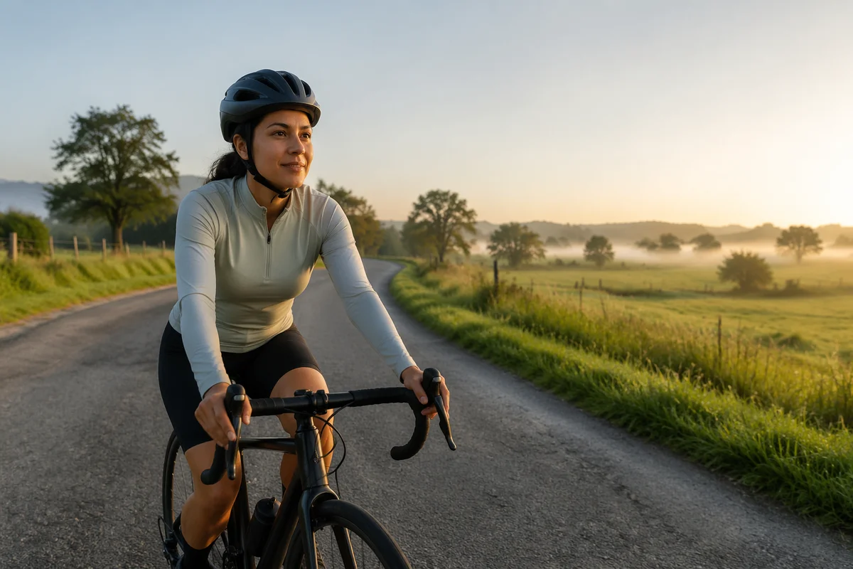 Woman Cycling on Country Road at Sunrise