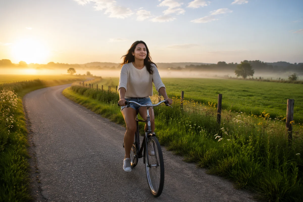 Woman Cycling on Countryside Road at Sunrise