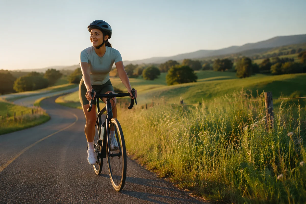 Woman Cycling on Country Road at Sunrise