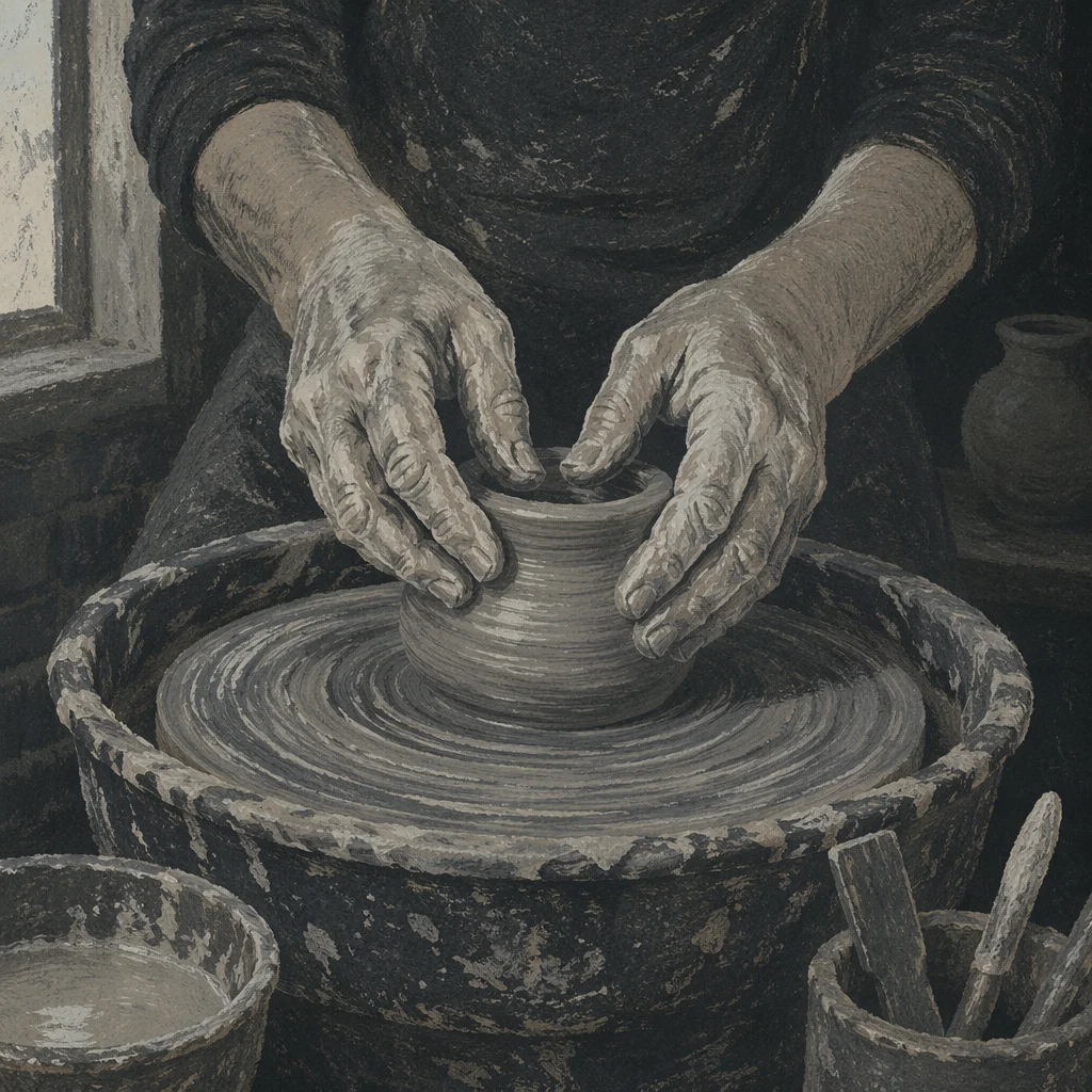 Hands Shaping Clay on Pottery Wheel