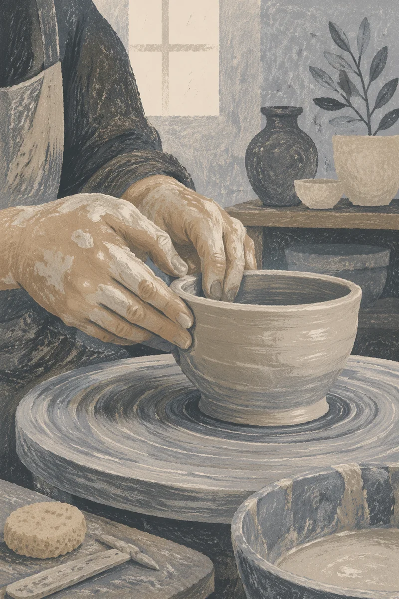 Clay Covered Hands Shaping Pottery Bowl