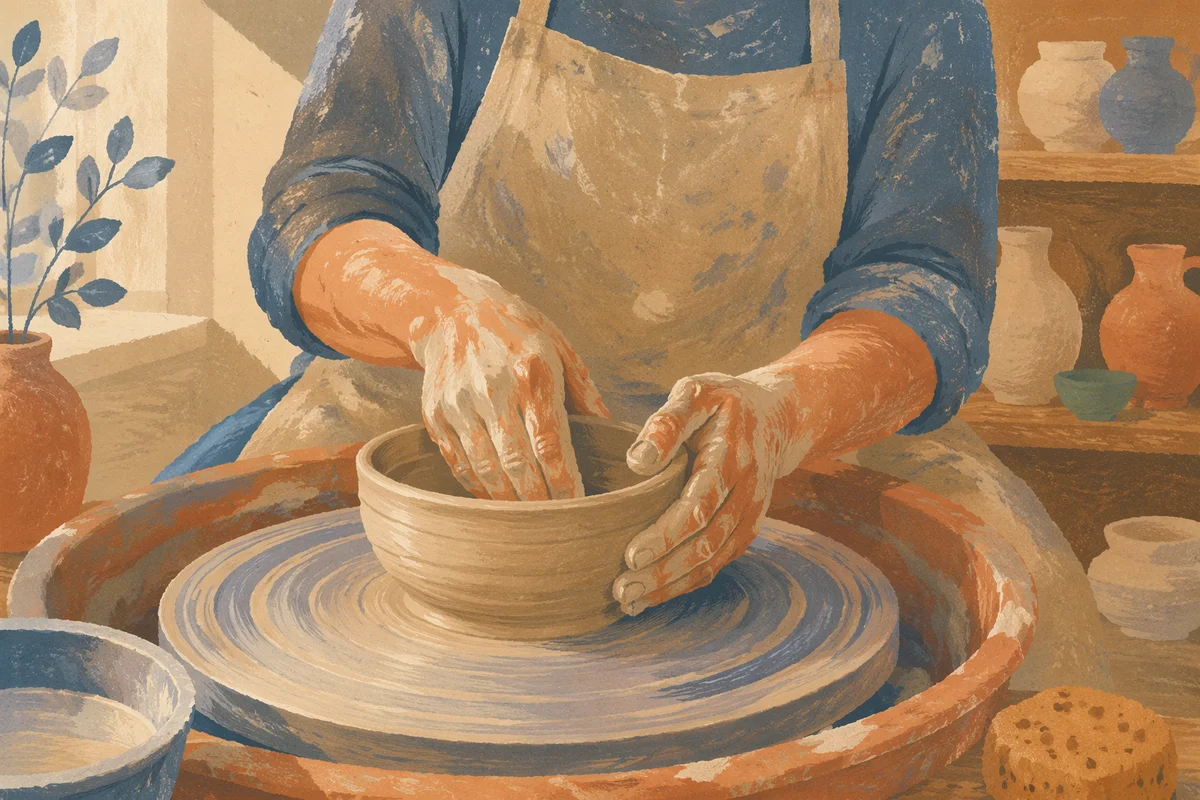 Hands Shaping Clay on Pottery Wheel