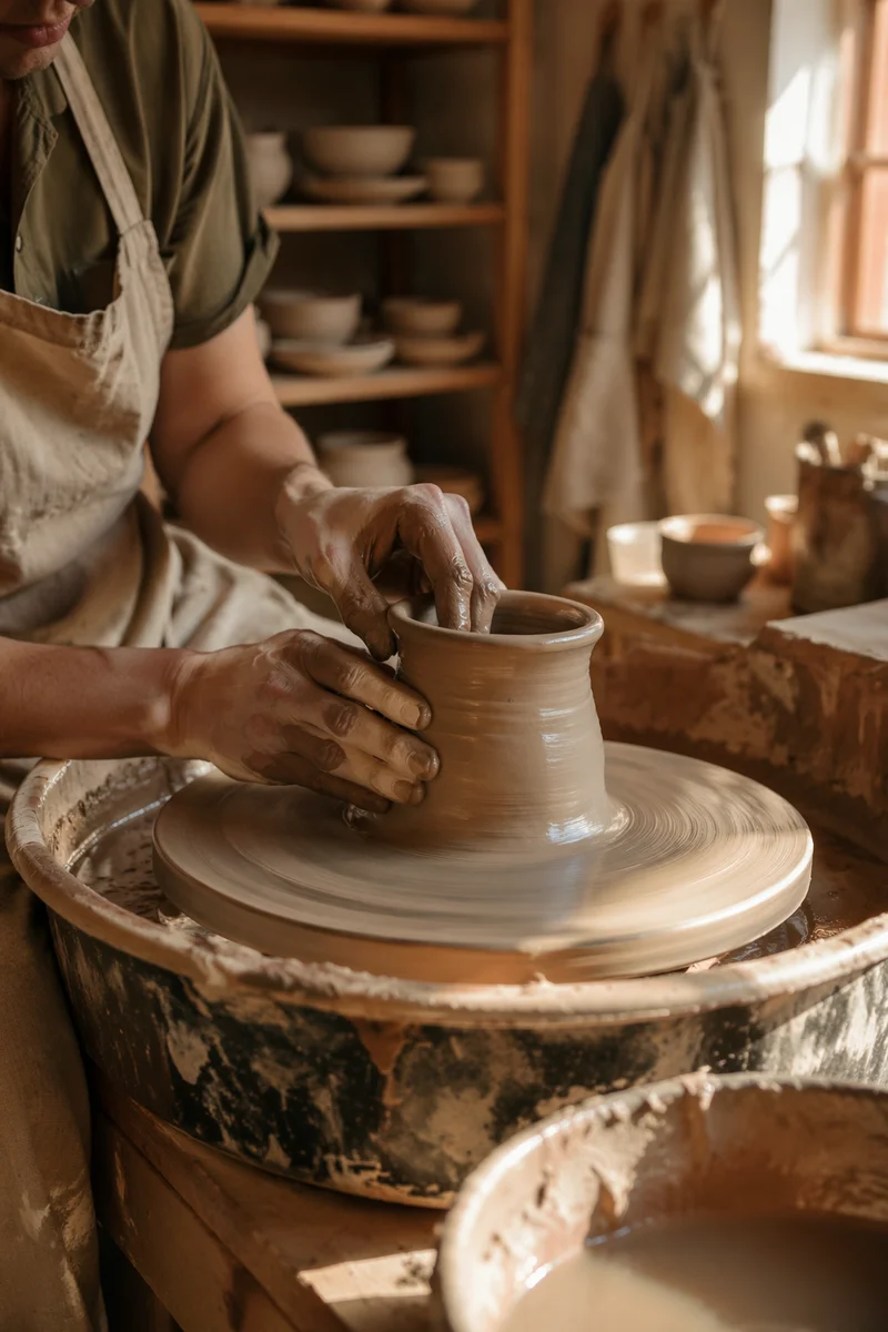Hands Shaping Clay on Pottery Wheel