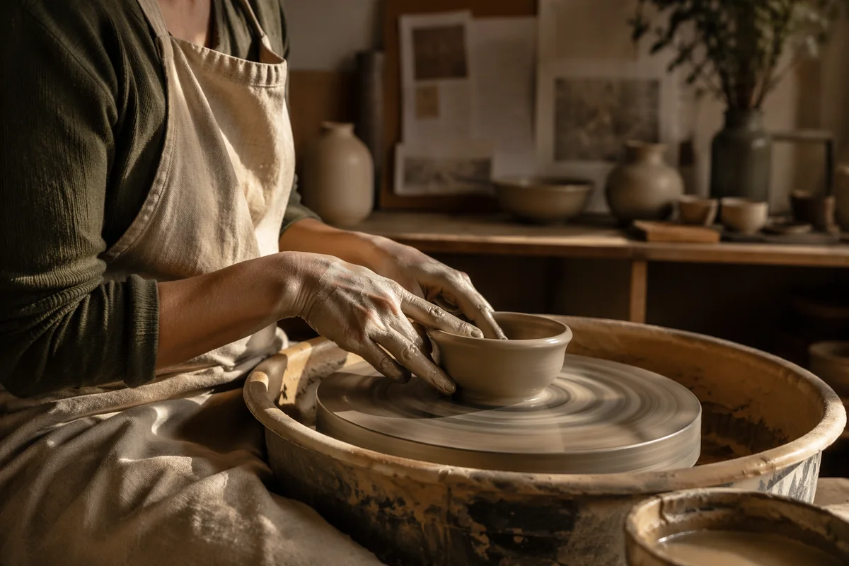 Hands Shaping Clay on Pottery Wheel