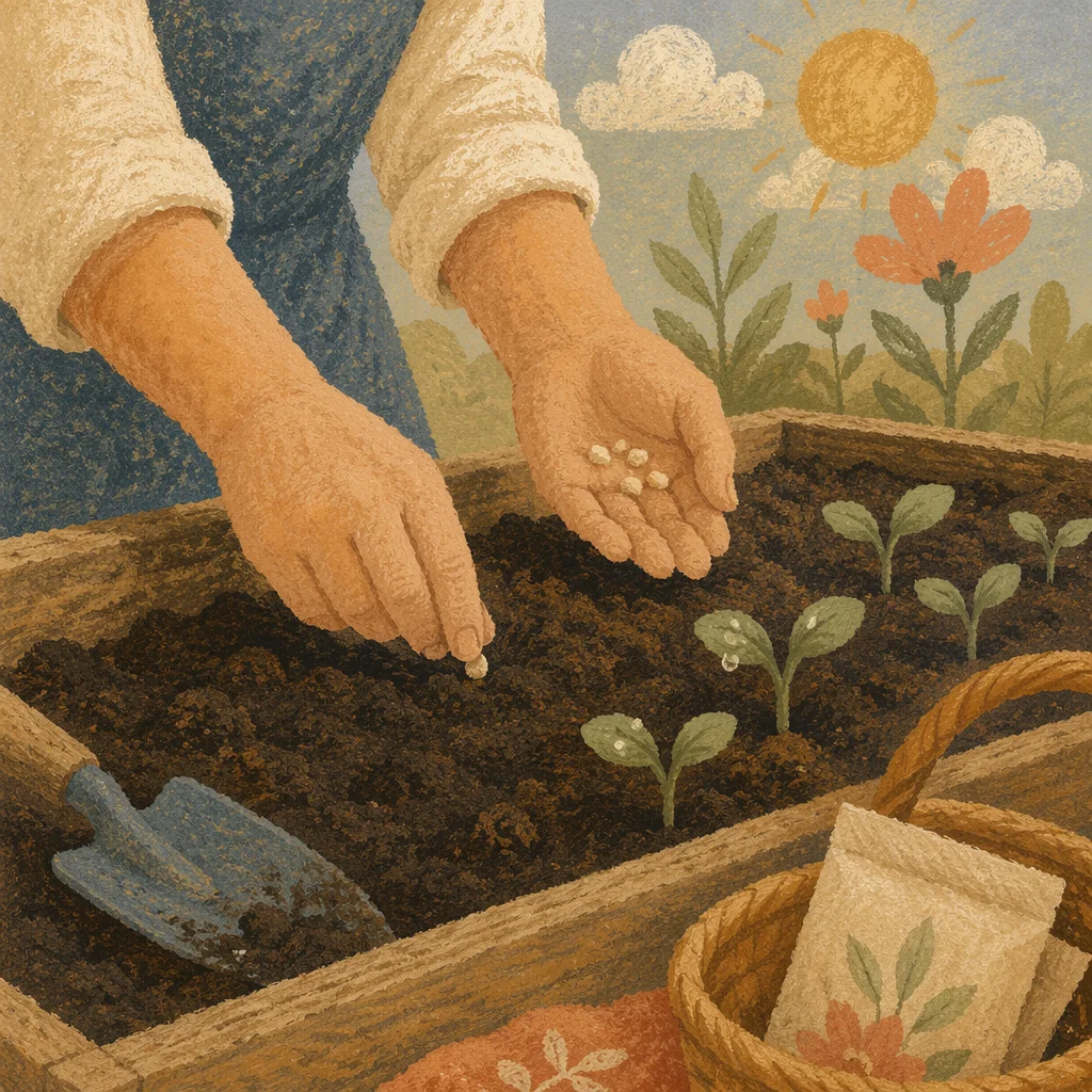 Hands Planting Seeds in Spring Garden