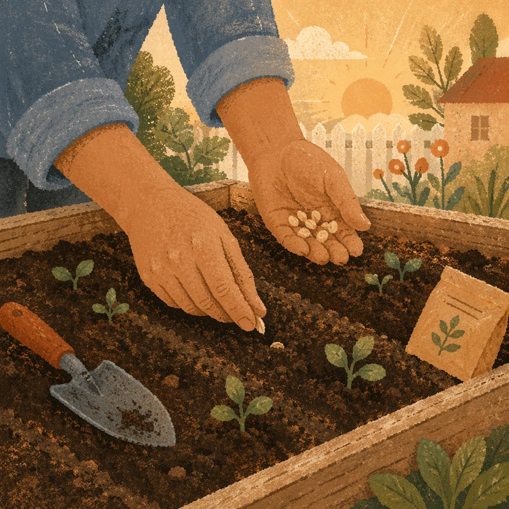 Hands Planting Seeds in Morning Garden