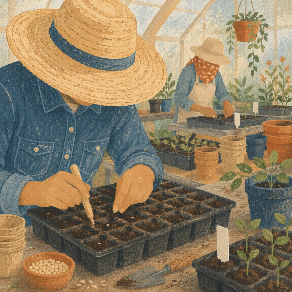 Gardeners Planting Seeds in Greenhouse
