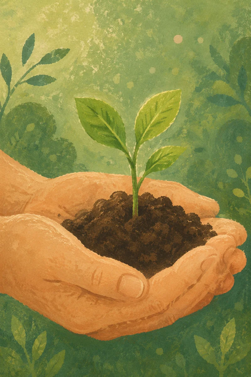 Hands Nurturing Seedling in Garden Soil