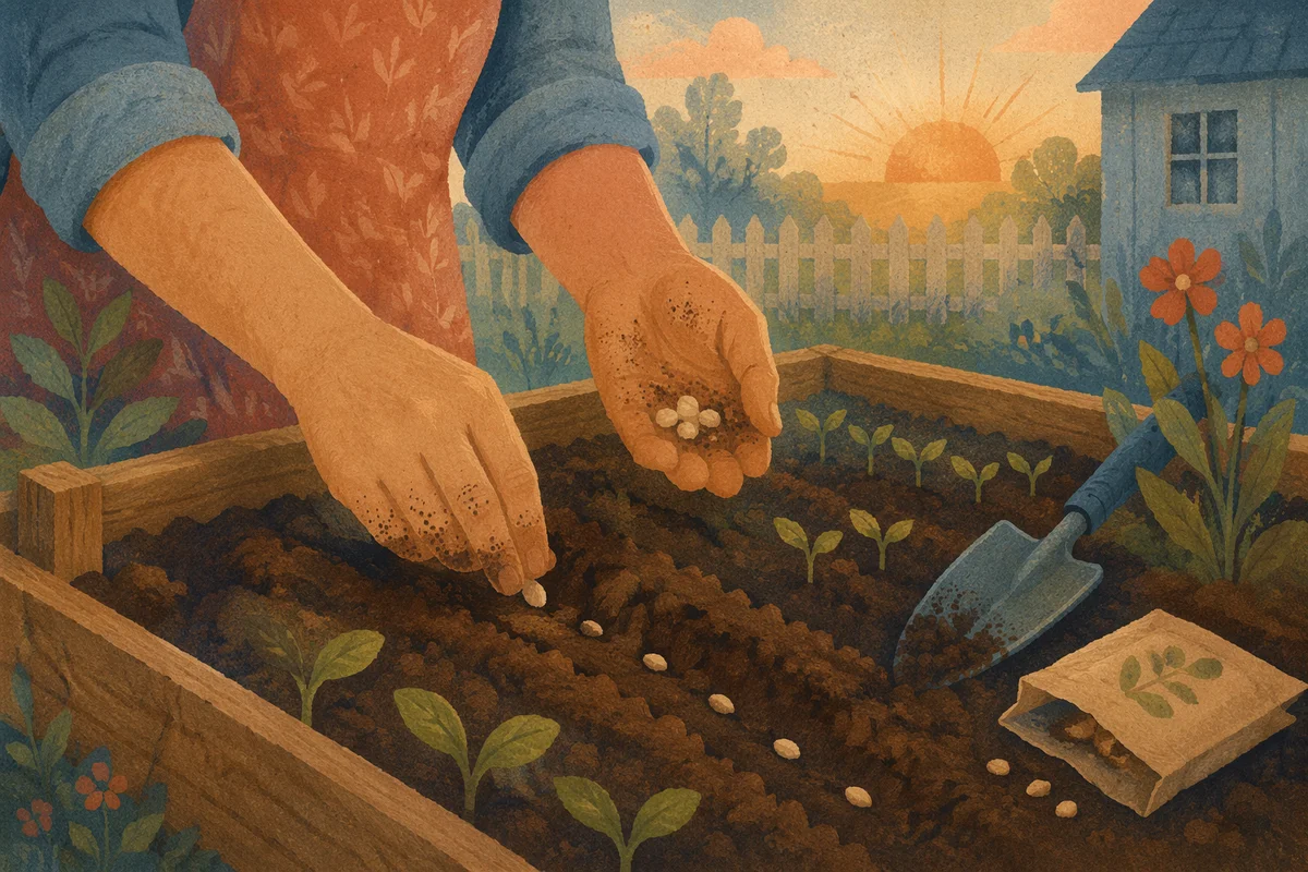Hands Planting Seeds in Morning Garden