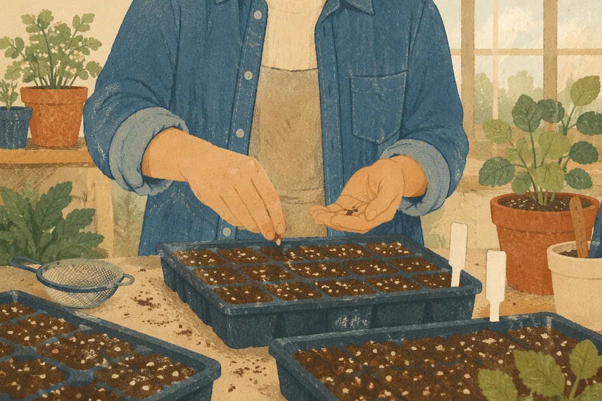 Gardener Hands Planting Seeds in Nursery Trays