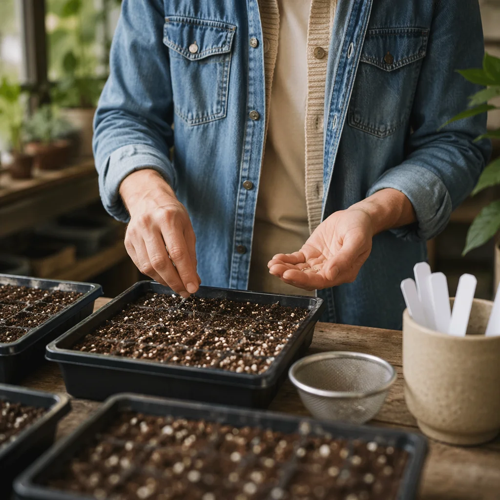Gardener Hands Planting Seeds in Greenhouse