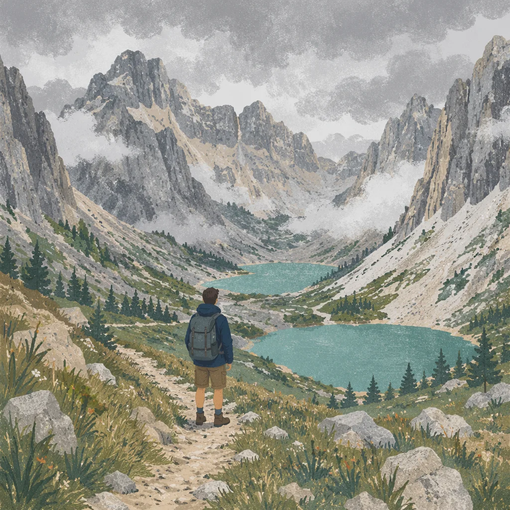 Lone Hiker Overlooking Turquoise Alpine Lakes