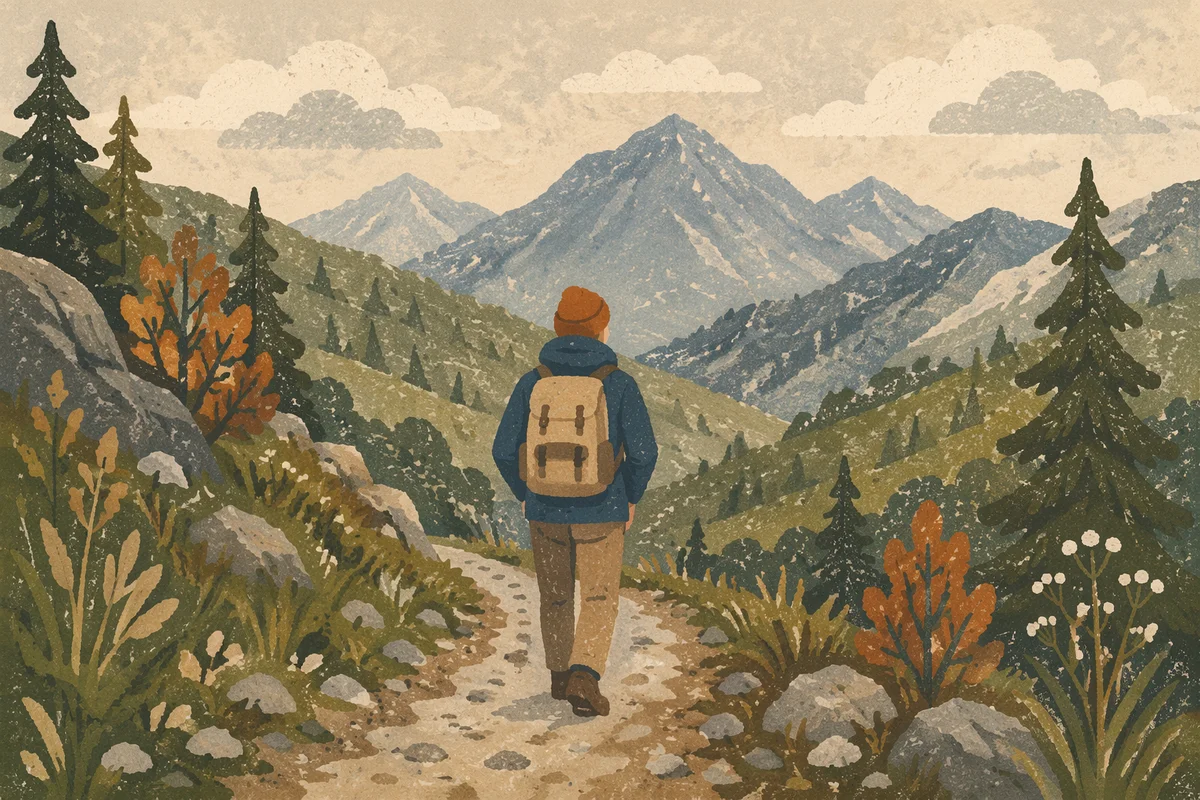Lone Backpacker on Serene Mountain Trail