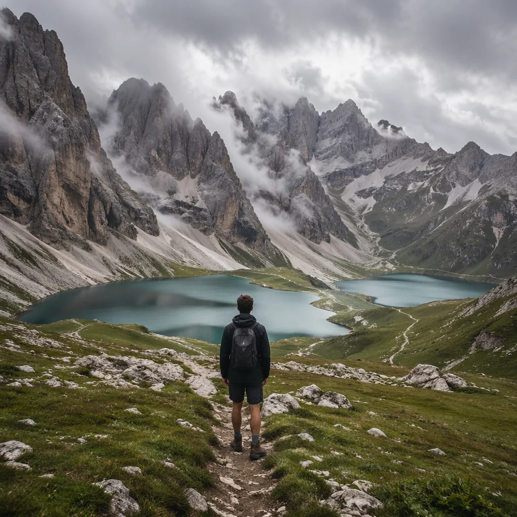 Lone Hiker Over Misty Mountain Lakes