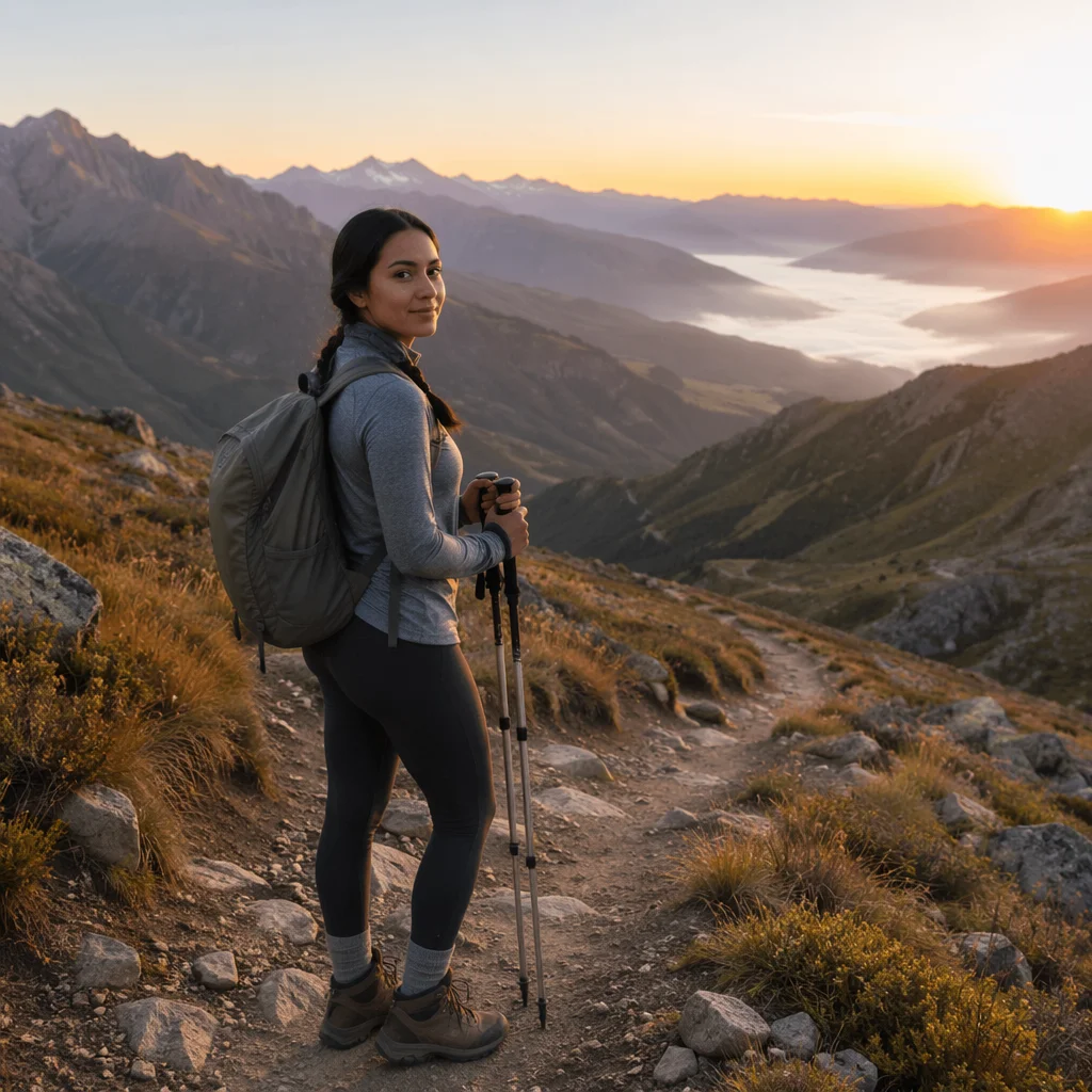 Sunrise Mountain Hiker Overlooking Misty Valley