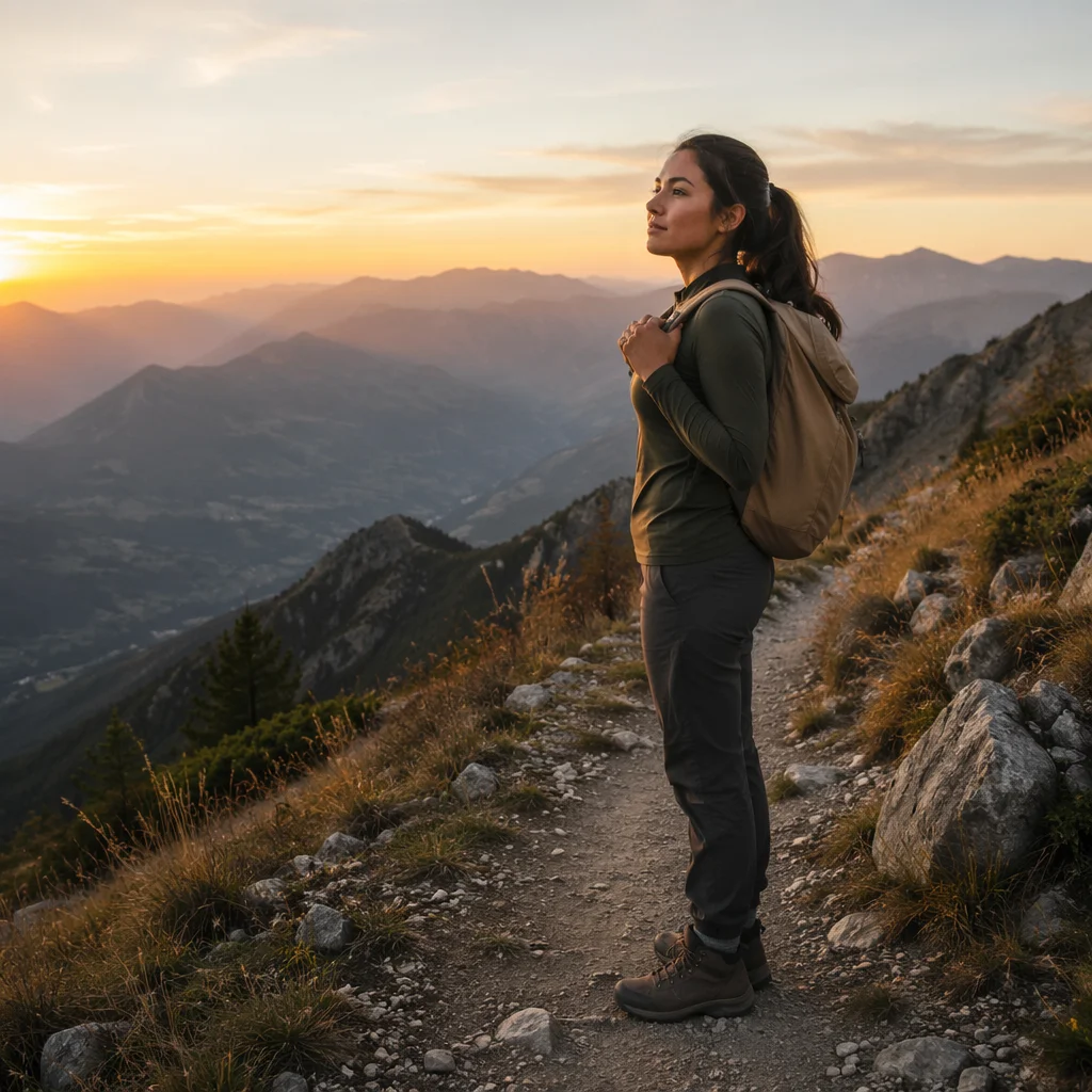 Woman Hiking Mountain Ridge at Golden Hour