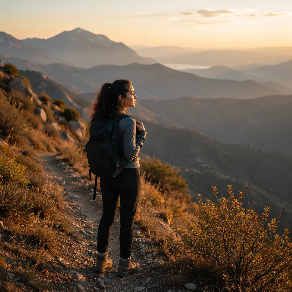 Woman Hiking Mountain Trail at Golden Hour