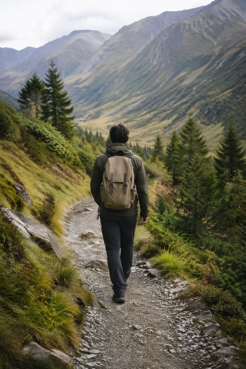 Lone Hiker on Mountain Trail