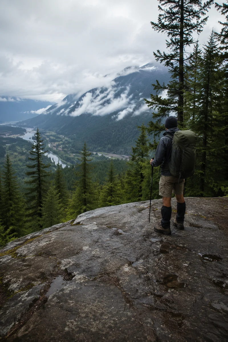 Lone Hiker Overlooking Misty Mountain Valley