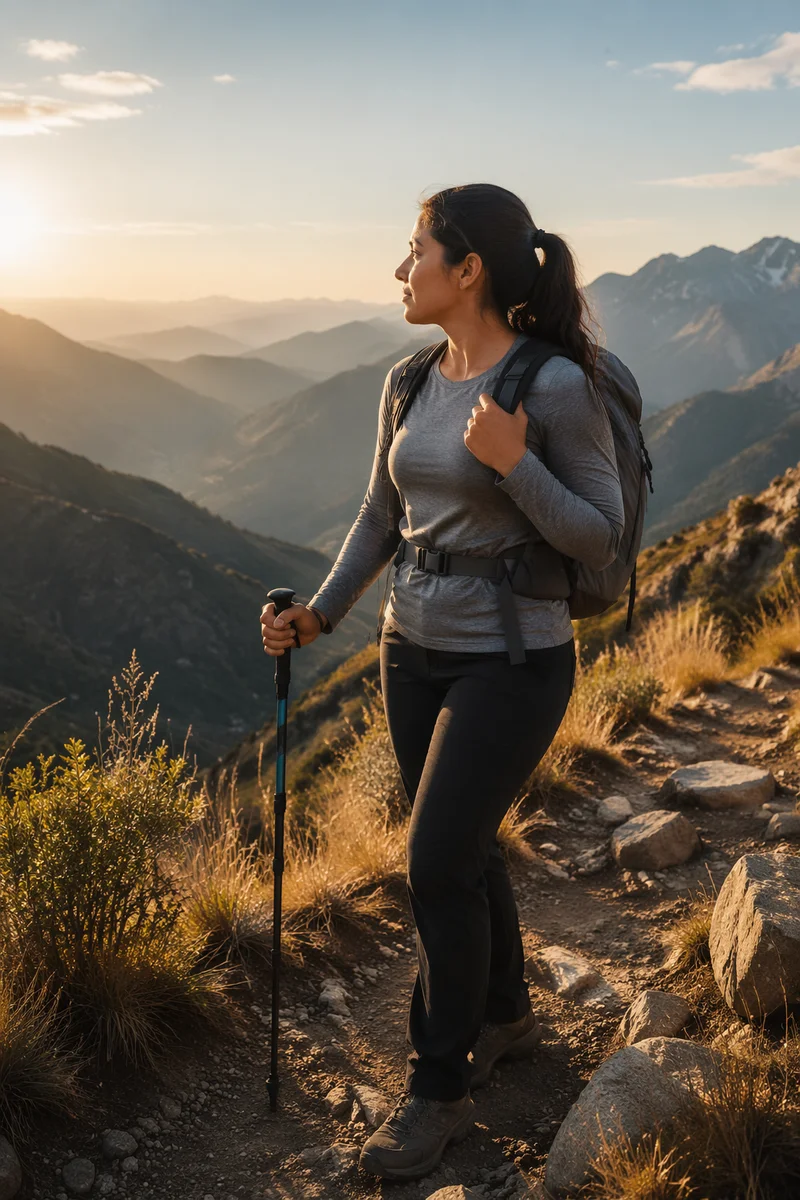 Woman Hiking Mountain Trail at Golden Hour