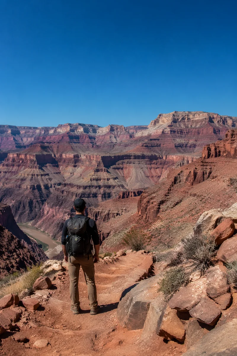 Lone Hiker Overlooking Vast Desert Canyon