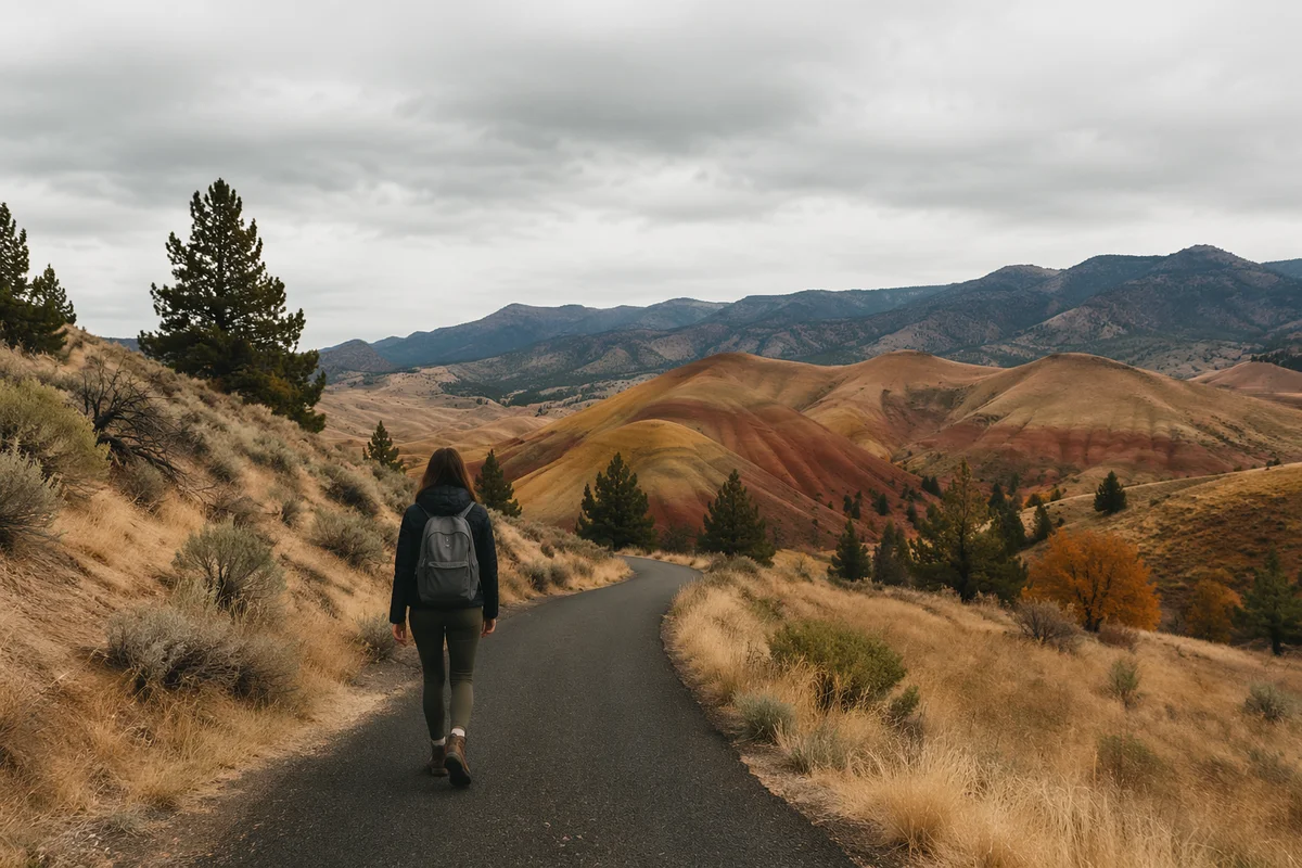 Lone Hiker on Curving Mountain Trail