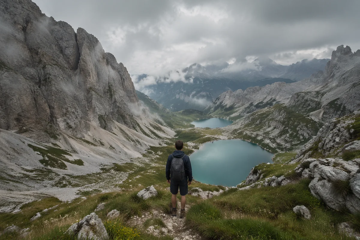 Lone Hiker Over Turquoise Alpine Lakes