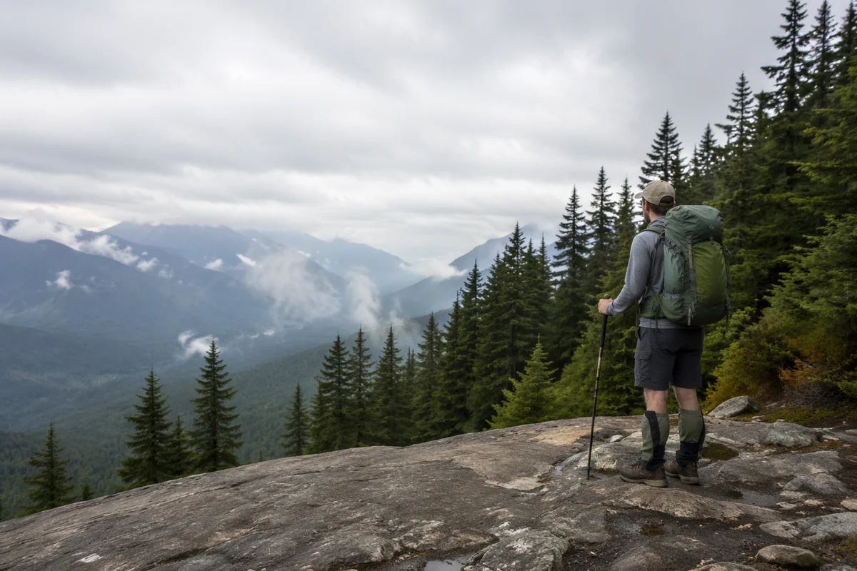 Lone Hiker Overlooking Misty Mountain Valley
