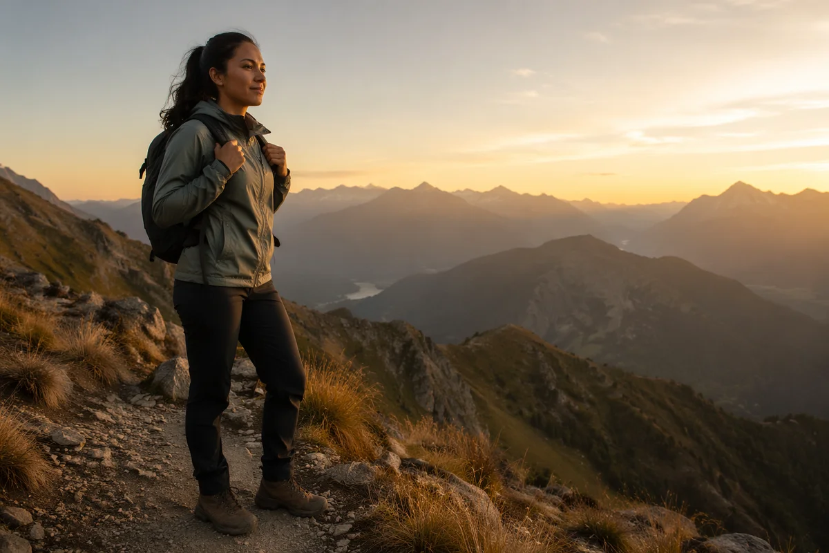 Woman Hiking Mountain Trail at Golden Hour
